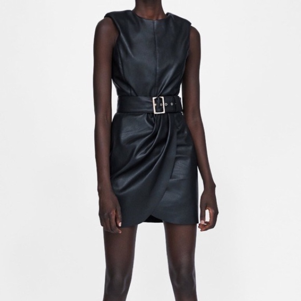 Zara High Neck Belted Leather Mini Dress